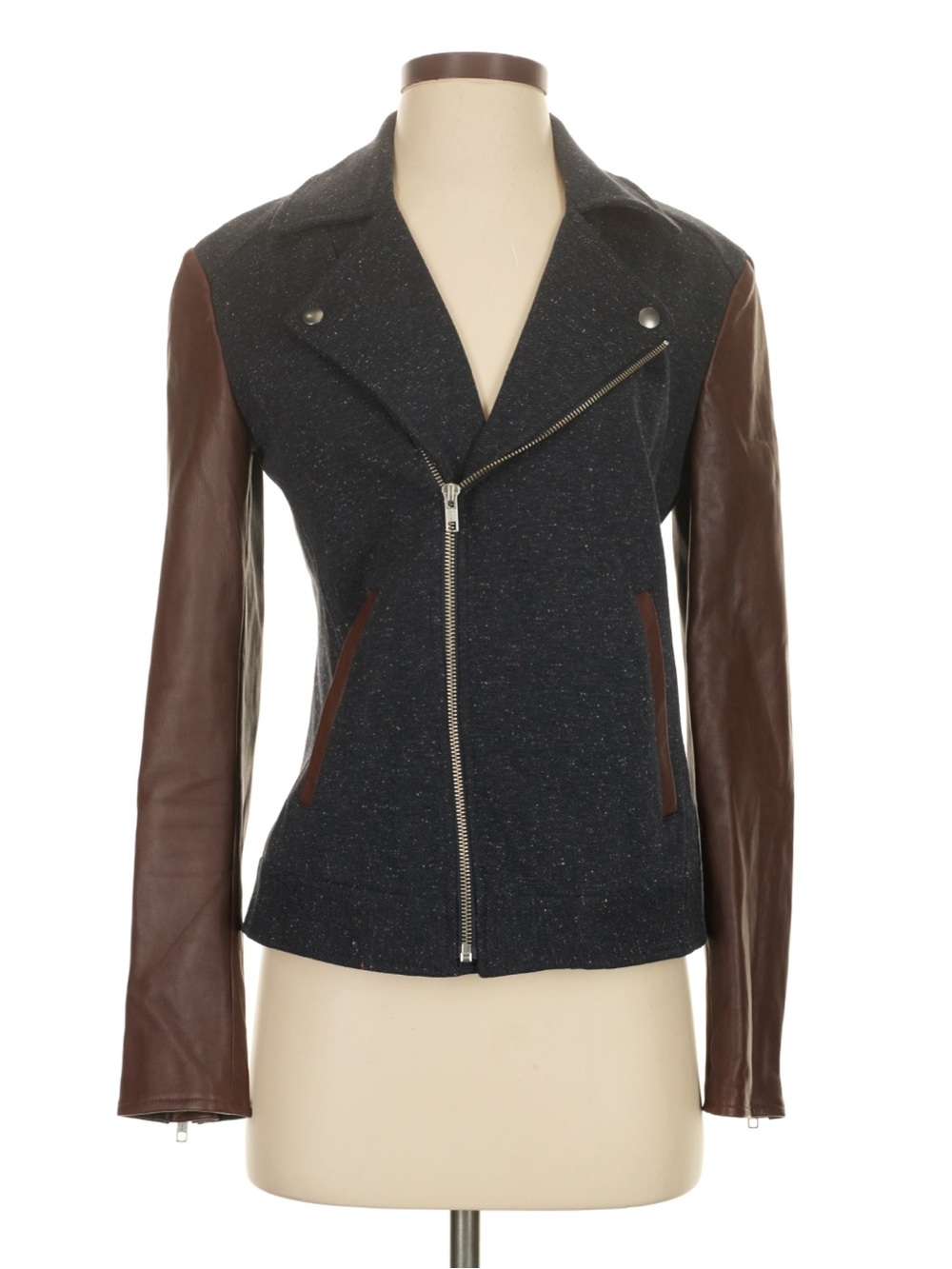 Theory Navy Tweed Motorcycle Jacket with Brown Leather Sleeves